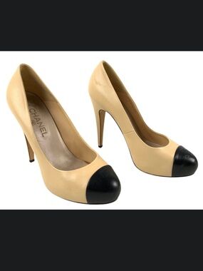CHANEL Beige Leather Pumps with Black Cap Toes
